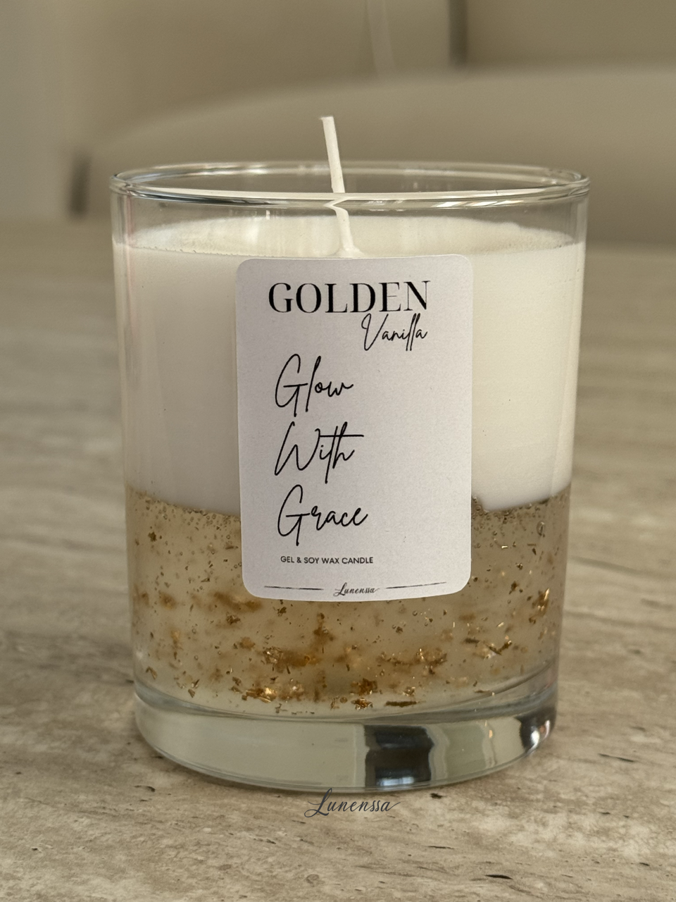 Golden – Altın Varaklı Vanilya Kokulu Jel & Soya Mum