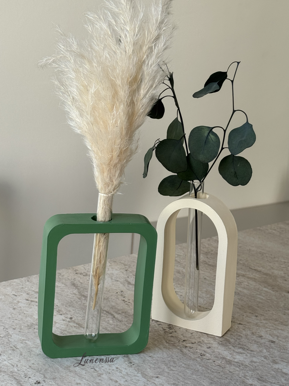 İkili Set Cam Tüplü Yeşil-Bej Renk Cilalı Vazo Minimal Kuru/Islak Çiçek Vazosu (Dikdörtgen-Kavisli)