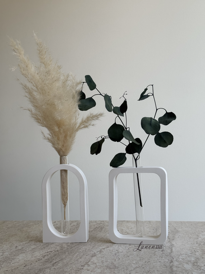 İkili Set Cam Tüplü Vazo Minimal Kuru/Islak Çiçek Vazosu (Kavisli-Dikdörtgen)