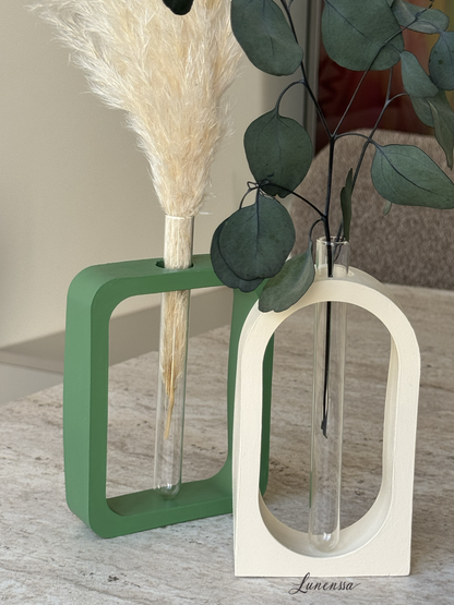 İkili Set Cam Tüplü Yeşil-Bej Renk Cilalı Vazo Minimal Kuru/Islak Çiçek Vazosu (Dikdörtgen-Kavisli)